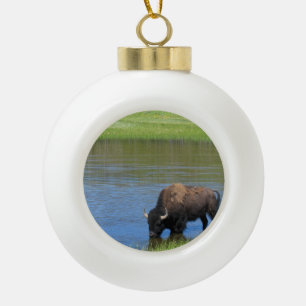 Yellowstone American Bison in Pond Ceramic Ball Christmas Ornament