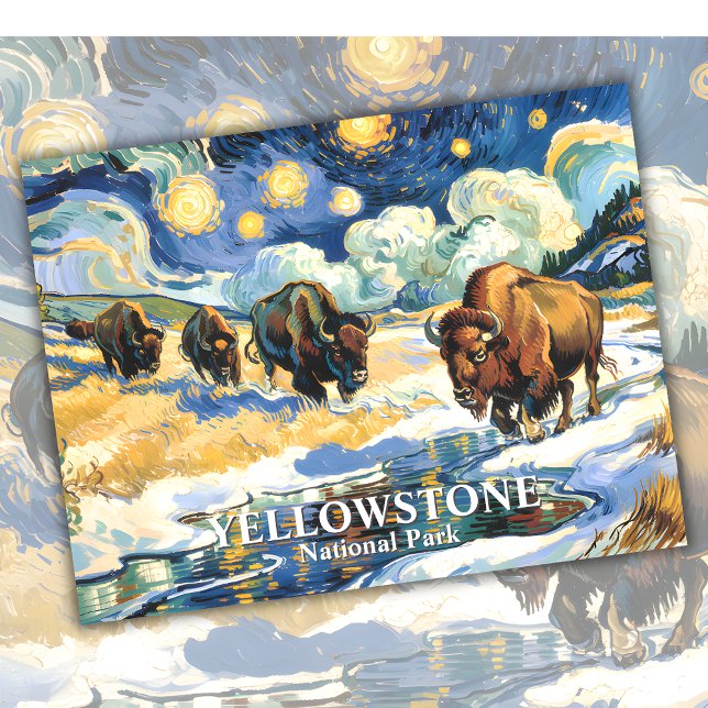 Yellowstone Bison Herd Van Gogh Style Custom Text Postcard (Yellowstone Bison Herd Van Gogh Style Custom Text Postcard)