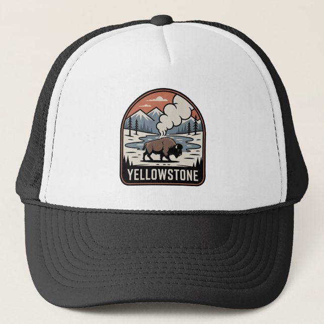 Yellowstone Bison Retro Park Badge Trucker Hat (Front)