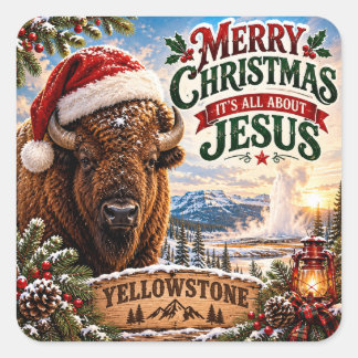 Yellowstone Christmas Bison Merry Christmas Square Sticker