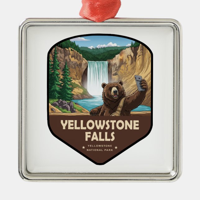 Yellowstone Falls Bear Selfie Shield Metal Tree Decoration (Front)