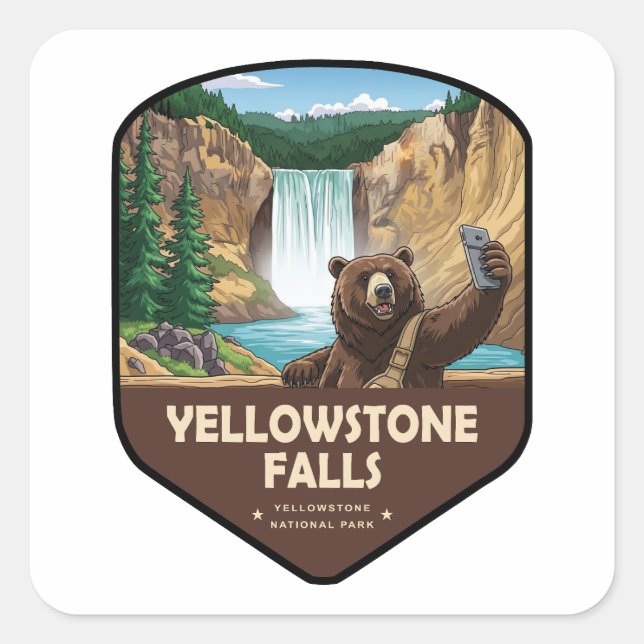 Yellowstone Falls Bear Selfie Shield Square Sticker (Front)