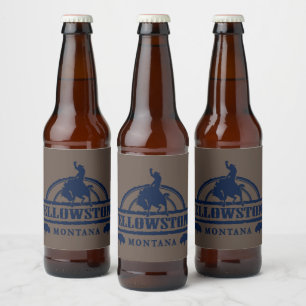 Yellowstone Montana with a Cowboy, Horse, Buffalo Beer Bottle Label