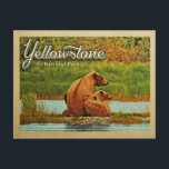Yellowstone National Park Bears Vintage Postcard<br><div class="desc">Vintage travel style Yellowstone National Park image featuring a brown bear and her cubs sitting at the edge of a river with green forest beyond.</div>