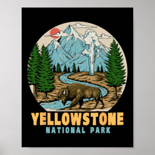 Yellowstone National Park Bison Retro Hiking Campi Poster