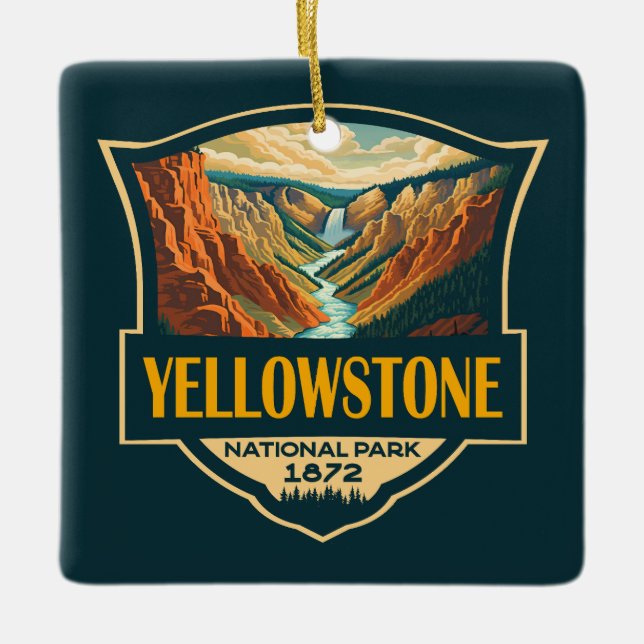 Yellowstone National Park Grand Canyon Retro Art Ceramic Ornament (Front)