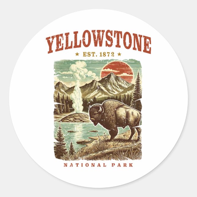 Yellowstone National Park – Mountain and Bison Classic Round Sticker (Front)