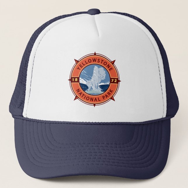 Yellowstone National Park Retro Compass Emblem Trucker Hat (Front)