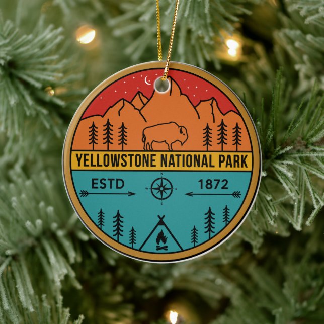 Yellowstone National Park Retro Wyoming USA Bison Ceramic Tree Decoration (Tree)