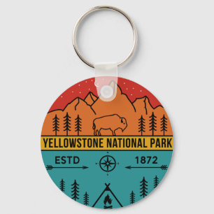 Yellowstone National Park Retro Wyoming USA Bison Key Ring