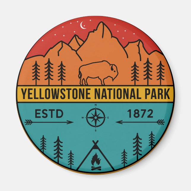Yellowstone National Park Retro Wyoming USA Bison Magnet (Front)