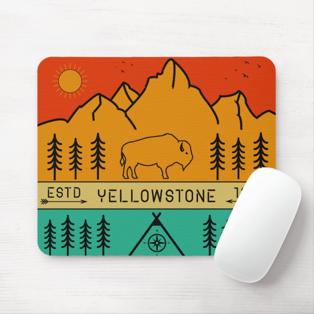 Yellowstone National Park Retro Wyoming USA Bison Mouse Mat (With Mouse)