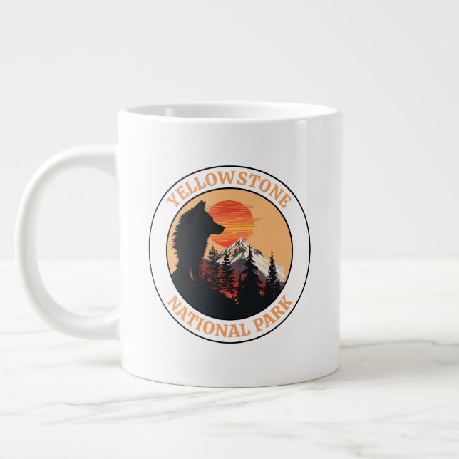 Yellowstone National Park, Sunset Wolf Art, Circle Large Coffee Mug (Left)
