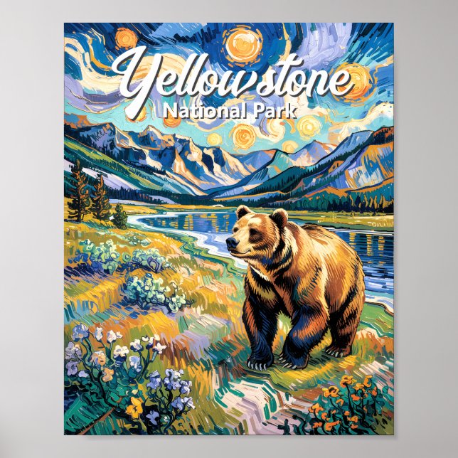 Yellowstone National Park Vintage Bear Van Gogh Poster (Front)