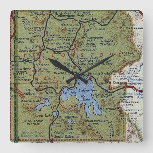 Yellowstone National Park Vintage Map Square Wall Clock (Front)