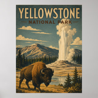 Yellowstone National Park Vintage WPA Style Bison Poster