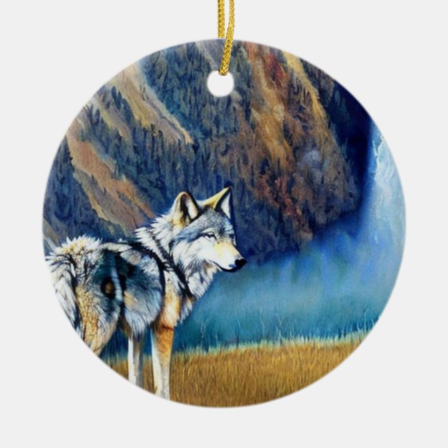 Yellowstone National Park Wolf Painting Ceramic Tree Decoration (Front)