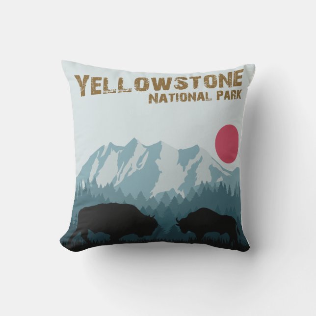Yellowstone National Park WY Vintage Style Bison Cushion (Front)