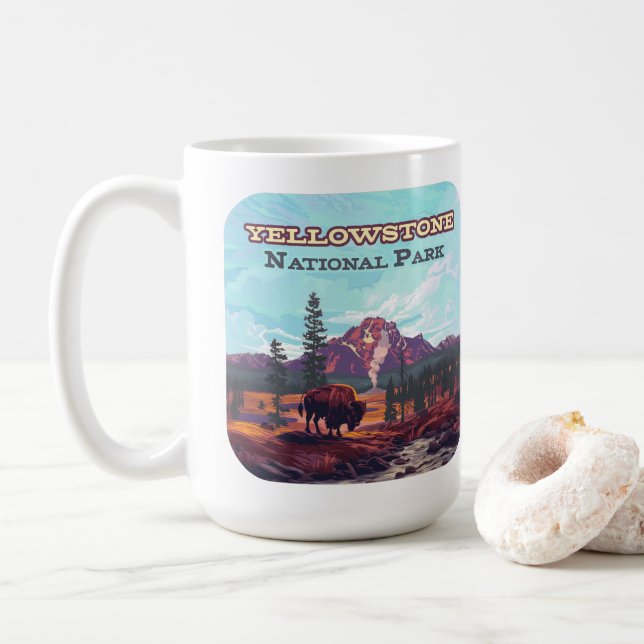 Yellowstone National Park Wyoming Bison Geyser Coffee Mug (With Donut)