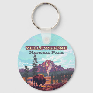 Yellowstone National Park Wyoming Bison Geyser Key Ring