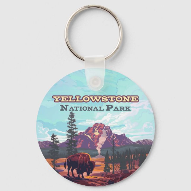 Yellowstone National Park Wyoming Bison Geyser Key Ring (Front)