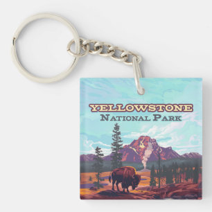 Yellowstone National Park Wyoming Bison Geyser Key Ring