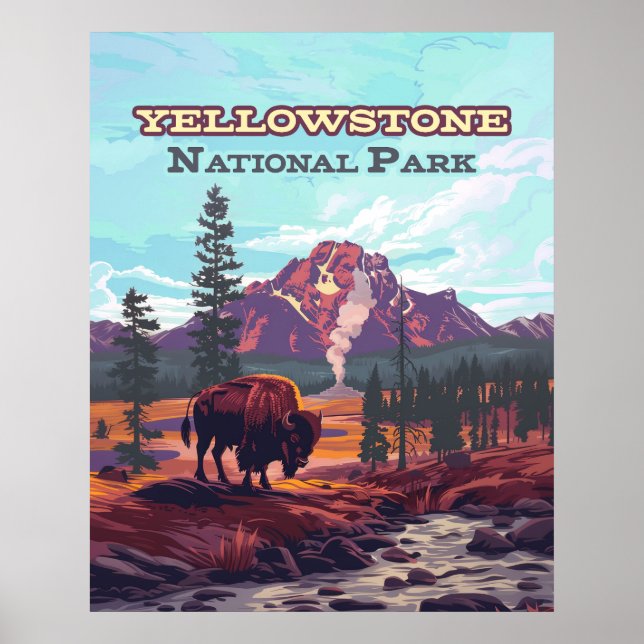Yellowstone National Park Wyoming Bison Geyser Poster (Front)