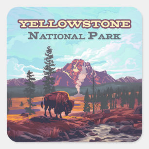 Yellowstone National Park Wyoming Bison Geyser Square Sticker