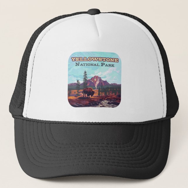 Yellowstone National Park Wyoming Bison Geyser Trucker Hat (Front)