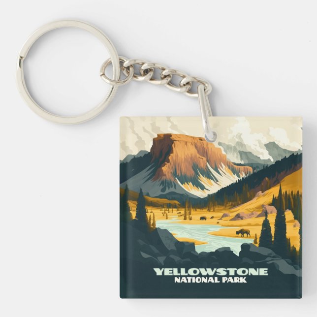 Yellowstone National Park Wyoming Mountains Retro Key Ring (Front)