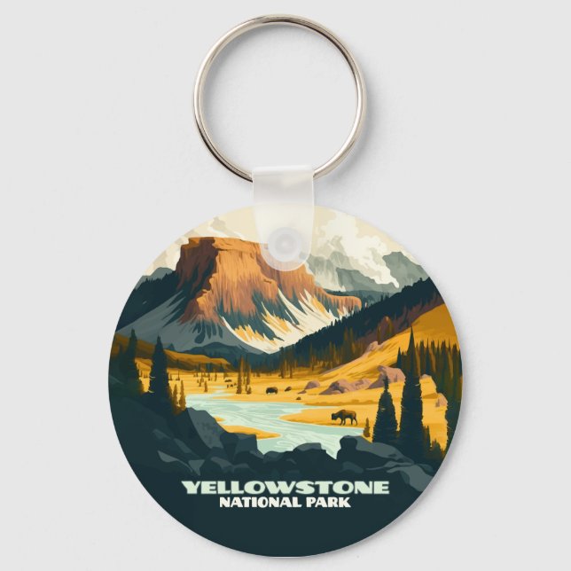 Yellowstone National Park Wyoming Mountains Retro Key Ring (Front)