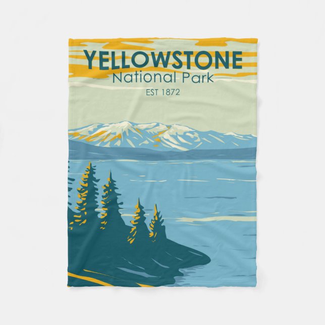 Yellowstone National Park Yellowstone Lake Vintage Fleece Blanket (Front)