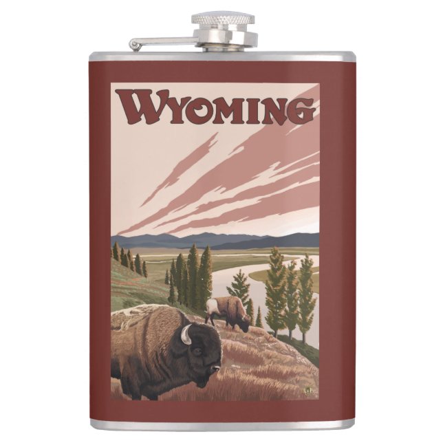 Yellowstone River Bison Vintage Travel Poster Hip Flask (Front)