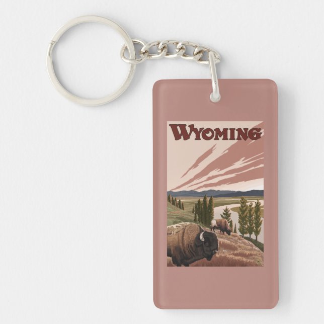 Yellowstone River Bison Vintage Travel Poster Key Ring (Front)