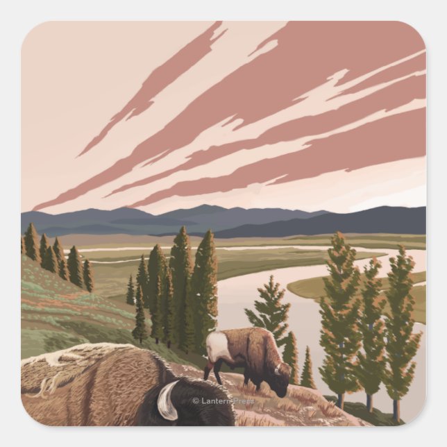 Yellowstone River Bison Vintage Travel Poster Square Sticker (Front)