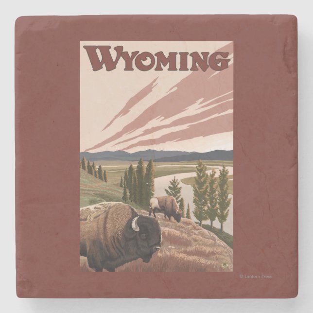 Yellowstone River Bison Vintage Travel Poster Stone Coaster (Front)