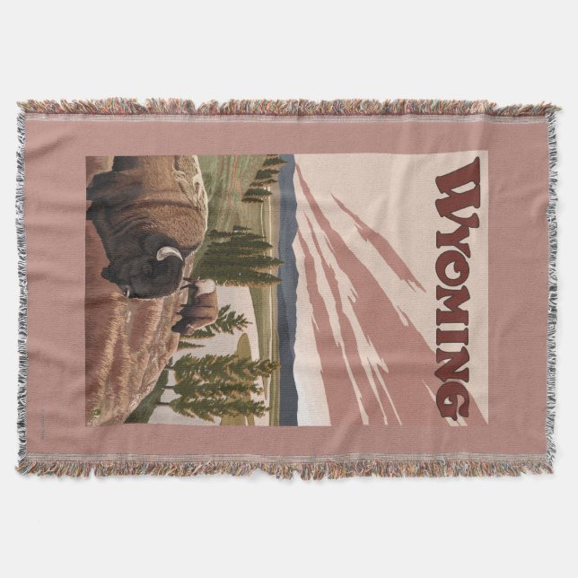 Yellowstone River Bison Vintage Travel Poster Throw Blanket (Front)
