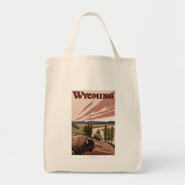 Yellowstone River Bison Vintage Travel Poster Tote Bag (Front)