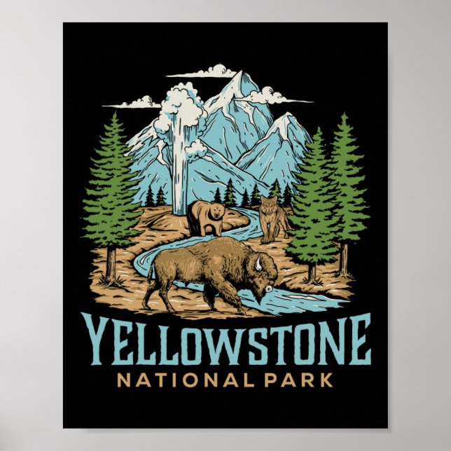 Yellowstone Us National Park Wolf Bison Bear Vinta Poster (Front)