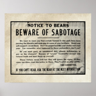 Yellowstone Warning Notice Park Bears 1959 Humour Poster