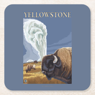 YellowstoneBison with Old Faithful Square Paper Coaster