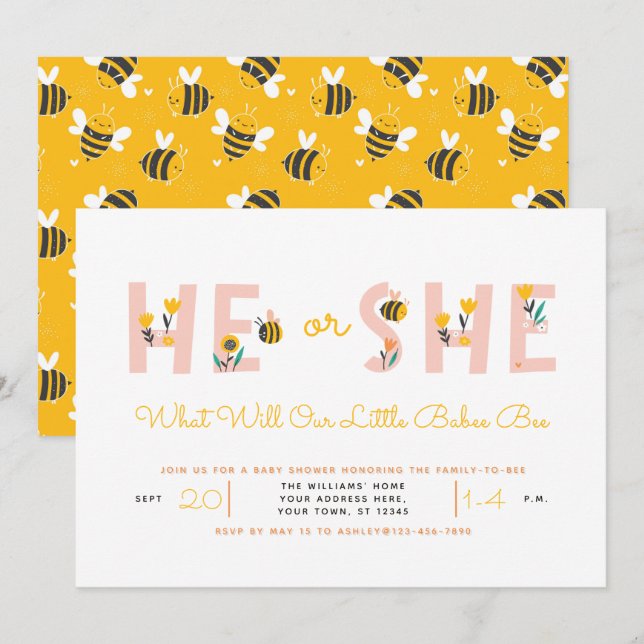 Yelow He or She What Will Baby Bee Gender Reveal Invitation (Front/Back)