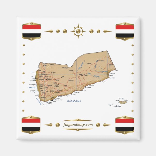Yemen Map + Flags Magnet (Front)