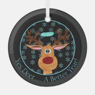 Yes Deer ... Rudolph the Face Masked Reindeer   Glass Tree Decoration