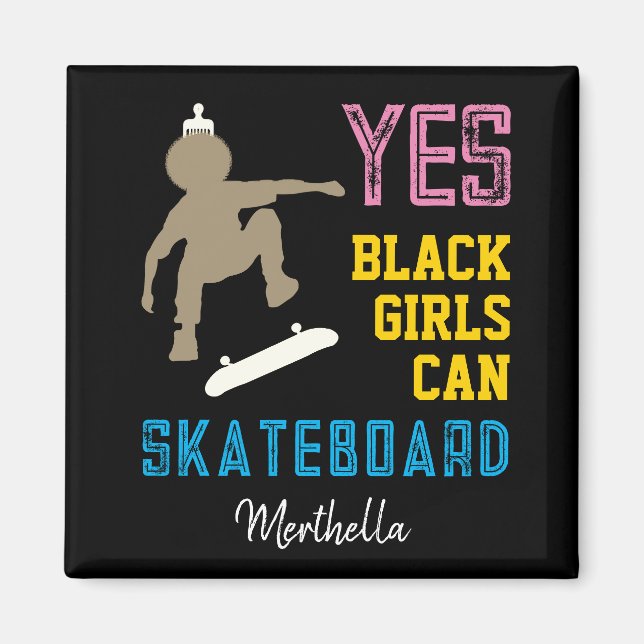 YES GIRLS CAN SKATEBOARD Retro Afro Skater Girl Magnet (Front)