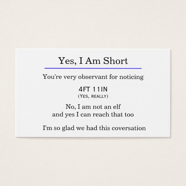 "Yes, I am short" card (Front)