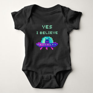Yes I Believe Alien Flying UFO Spaceship Pixel Art Baby Bodysuit