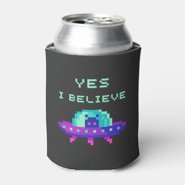 Yes I Believe Alien Flying UFO Spaceship Pixel Art Can Cooler (Can Front)