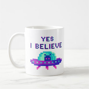 Yes I Believe Alien Flying UFO Spaceship Pixel Art Coffee Mug