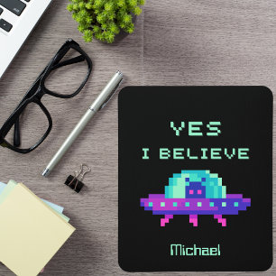 Yes I Believe Alien Flying UFO Spaceship Pixel Art Mouse Mat